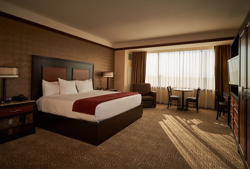 Casino hotel guest room with one King bed