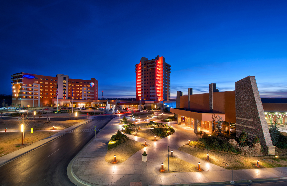Exterior shot at night of Downstream Casino Resort in Quapaw, OK